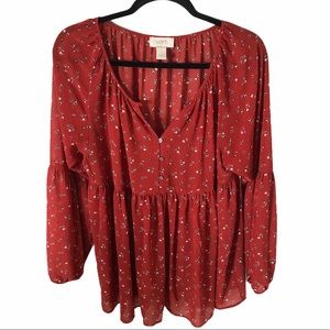 LOFT Red Chiffon Babydoll Top with Flower Design